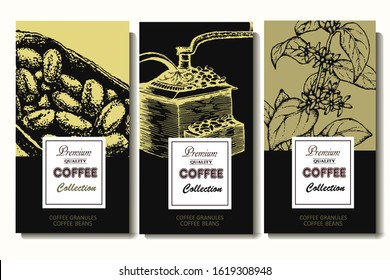 Coffee illustration. Hand drawn vector banner. Coffee and cocoa  beans, branch