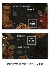 Coffee illustration. Hand drawn vector banner. Coffee beans, flower, coffee maker. Menu