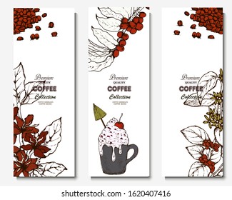 Coffee illustration. Hand drawn vector banner. Coffee beans, flower, branch, bag
