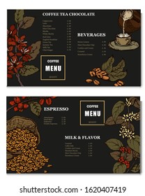 Coffee illustration. Hand drawn vector banner. Coffee beans, flower. Menu