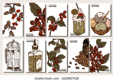 Coffee illustration. Hand drawn vector banner. Coffee beans,  bag, branch, cup