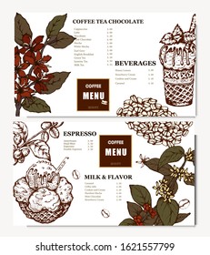 Coffee illustration. Hand drawn vector banner. Coffee beans, flower, dessert. Menu
