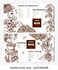 Coffee illustration. Hand drawn vector banner. Coffee beans, flower, coffee maker. Menu