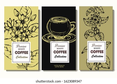 Coffee illustration. Hand drawn vector banner. Coffee beans, flower, branch, cup