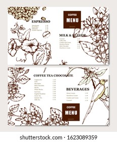Coffee illustration. Hand drawn vector banner. Coffee beans, flower, branch, birds. Menu