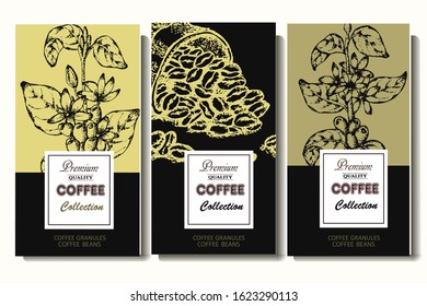 Coffee illustration. Hand drawn vector banner. Coffee beans, flower, branch