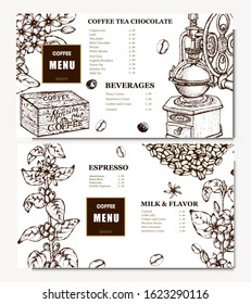 Coffee illustration. Hand drawn vector banner. Coffee beans, flower, coffee maker, branch. Menu