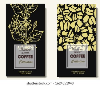 Coffee illustration. Hand drawn vector banner. Coffee beans, flower, branch