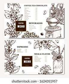 Coffee illustration. Hand drawn vector banner. Coffee beans, flower, coffee maker, branch. Menu