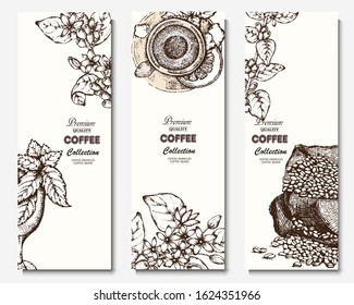 Coffee illustration. Hand drawn vector banner. Coffee beans, flower, branch, bag, cup
