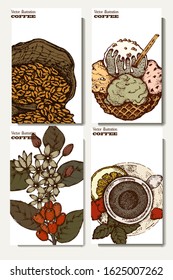 Coffee illustration. Hand drawn vector banner. Coffee beans, bag, branch
