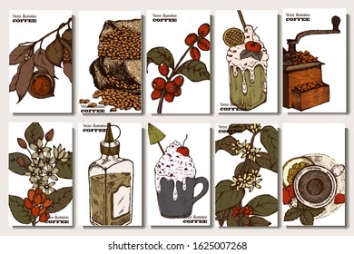 Coffee illustration. Hand drawn vector banner. Coffee beans, coffee maker, branch, dessert, bag
