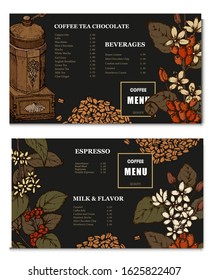 Coffee illustration. Hand drawn vector banner. Coffee beans, flower, coffee maker, branch. Menu