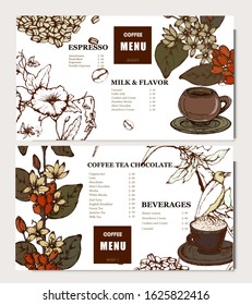 Coffee illustration. Hand drawn vector banner. Coffee beans, flower, branch, cup, birds. Menu