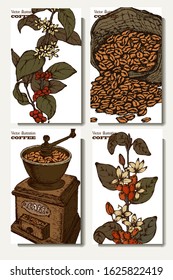 Coffee illustration. Hand drawn vector banner. Coffee beans, branch, bag, coffee maker