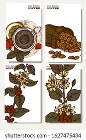Coffee illustration. Hand drawn vector banner. Coffee beans, tea, branch, bag