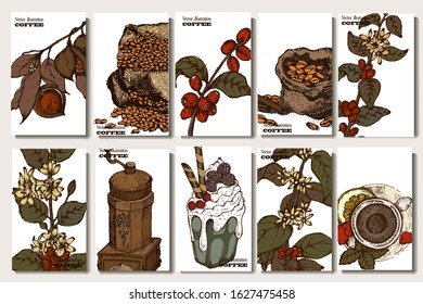 Coffee illustration. Hand drawn vector banner. Coffee beans, tea, branch, bag