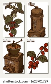 Coffee illustration. Hand drawn vector banner. Coffee beans, coffee maker, branch,
