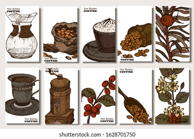 Coffee illustration. Hand drawn vector banner. Coffee beans, coffee maker, branch, dessert, bag, spoon
