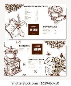 Coffee illustration. Hand drawn vector banner. Coffee beans, flower, branch, sugar. Menu. 