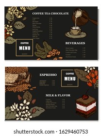 Coffee illustration. Hand drawn vector banner. Coffee beans, flower, branch, bag, cake. Menu. 
