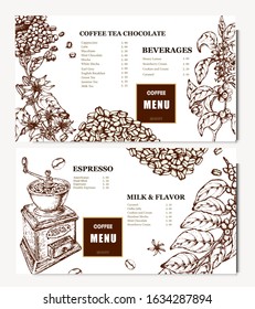 Coffee illustration. Hand drawn vector banner. Coffee beans, flower, branch, bag, coffee maker. Menu. 