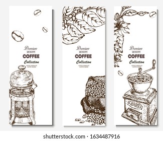 Coffee illustration. Hand drawn vector banner. Coffee beans, branch, bag