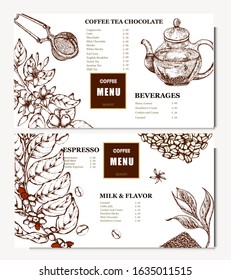Coffee illustration. Hand drawn vector banner. Coffee beans, flower, branch, teapot. Menu. 