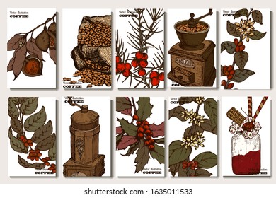 Coffee illustration. Hand drawn vector banner. Coffee beans, coffee maker, branch, dessert, bag