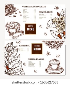 Coffee illustration. Hand drawn vector banner. Coffee beans, flower, branch, sugar, bag. Menu. 