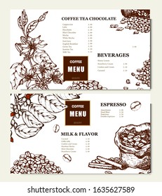 Coffee illustration. Hand drawn vector banner. Coffee beans, flower, branch, bag. Menu. 