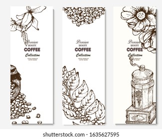 Coffee illustration. Hand drawn vector banner. Coffee beans, branch,  flowers, bag
