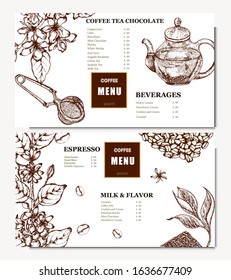 Coffee illustration. Hand drawn vector banner. Coffee beans, flower, branch, teapot. Menu. 