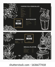 Coffee illustration. Hand drawn vector banner. Coffee beans, flower, branch, maker. Menu. 