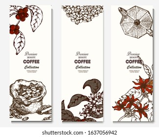 Coffee illustration. Hand drawn vector banner. Coffee beans, teapot, branch