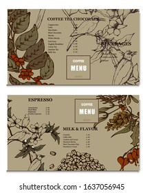 Coffee illustration. Hand drawn vector banner. Coffee beans, flower, branch, sugar, bag. Menu. 
