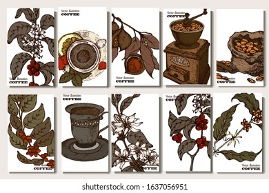 Coffee illustration. Hand drawn vector banner. Coffee beans, coffee maker, branch, dessert, bag