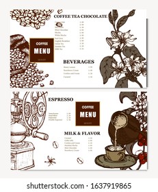 Coffee illustration. Hand drawn vector banner. Coffee maker and beans, flower, branch, bag. Menu. 