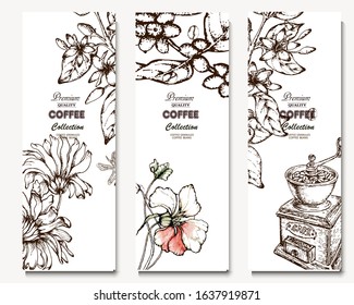 Coffee illustration. Hand drawn vector banner. Coffee beans, branch, flowers