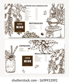 Coffee illustration. Hand drawn vector banner. Coffee maker and beans, flower, branch. Menu. 