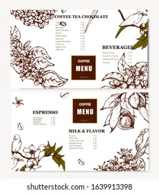 Coffee illustration. Hand drawn vector banner. Coffee beans, flower, branch, birds. Menu. 