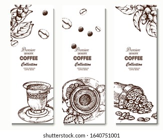Coffee illustration. Hand drawn vector banner. Coffee beans, branch, flowers, tea, bag