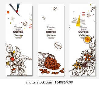 Coffee illustration. Hand drawn vector banner. Coffee beans, branch, flowers, bag