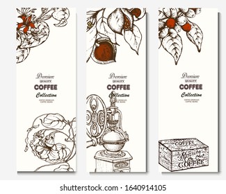 Coffee illustration. Hand drawn vector banner. Coffee maker, beans, branch, flowers, box