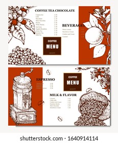 Coffee illustration. Hand drawn vector banner. Coffee beans, flower, branch, bag. Menu. 