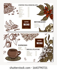 Coffee illustration. Hand drawn vector banner. Coffee beans, flower, branch, bag. Menu. 