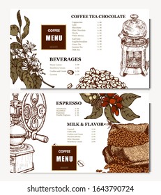 Coffee illustration. Hand drawn vector banner. Coffee beans, flower, branch, teapot, bag. Menu. 