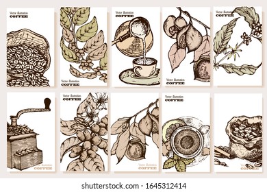 Coffee illustration. Hand drawn vector banner. Coffee maker, beans, branch, flowers, bag, lemon