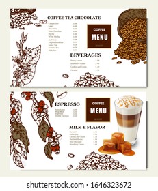 Coffee illustration. Hand drawn vector banner. Coffee beans, flower, branch, bag. Menu. Realistic vector