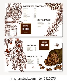 Coffee illustration. Hand drawn vector banner. Coffee maker, bag,  beans, flower, branch. Menu. 